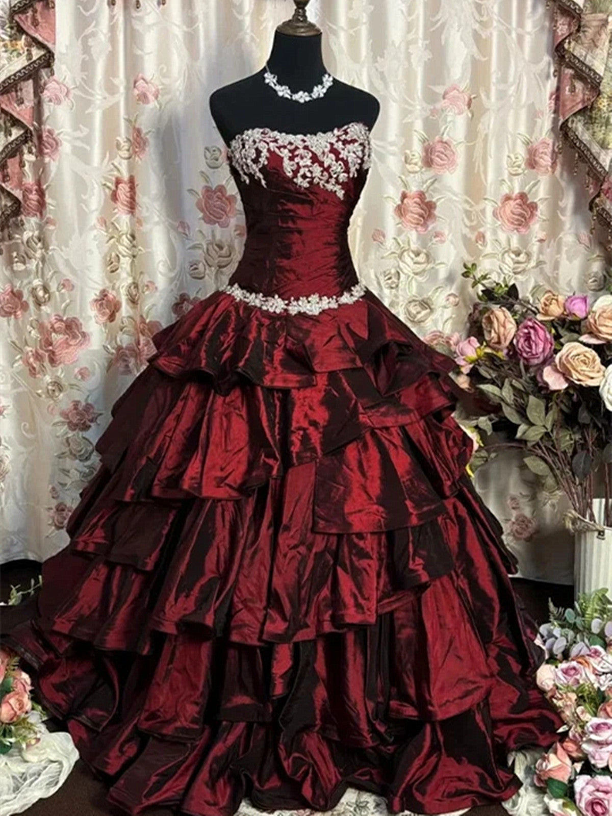 Wine Red Taffeta Ball Gown Formal Dress with Lace, Wine Red Long Sweet 16 Dress Prom Dress