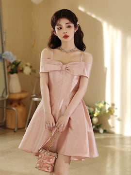 Pink Satin Sweetheart Straps with Bow Homecoming Dress, Pink Knee Length Satin Prom Dress