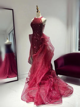 Wine Red Tulle and Sequins Halter Long Party Dress, Wine Red Prom Dress Evening Dress
