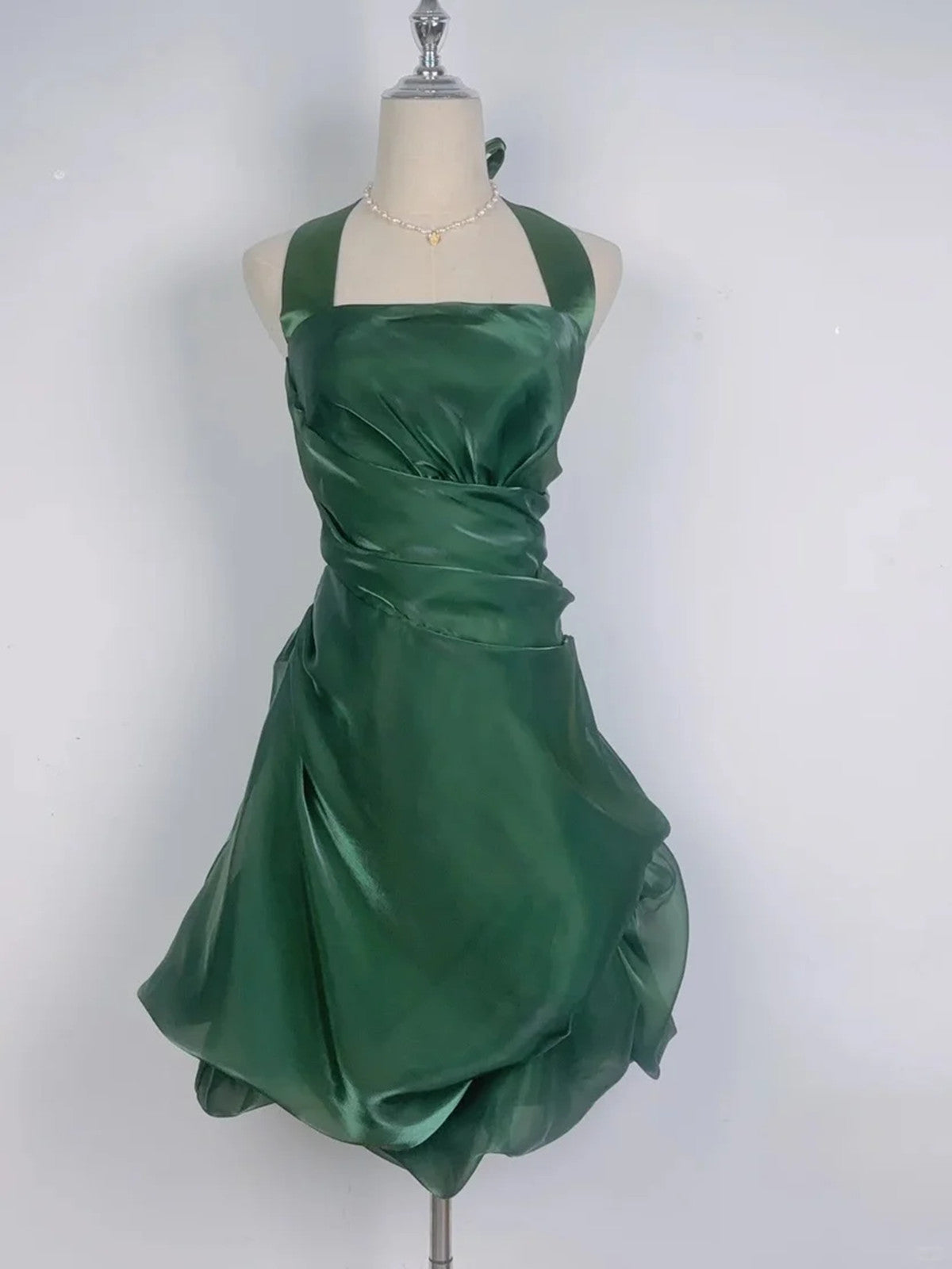 Elegant Green Halter Cocktail Dress Formal, Square Neck Short Short Party Dress