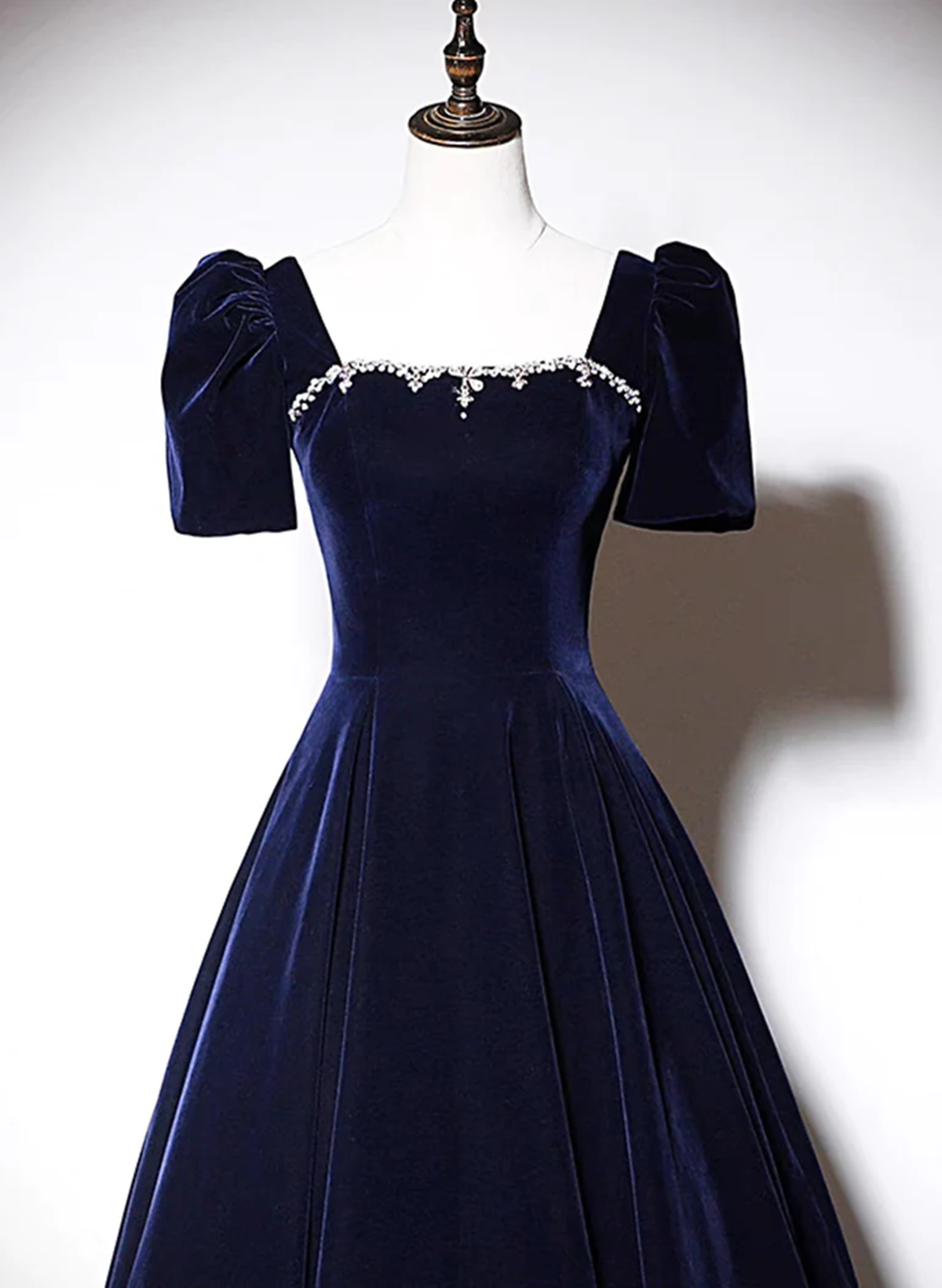 Navy Blue A-line Short Sleeves Velvet Party Dress, Navy Blue Long Prom Dress