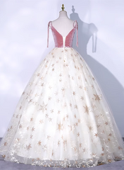 Ivory Tulle V-neckline Straps Ball Gown Sweet 16 Dress, Cute Tulle Long Prom Dress
