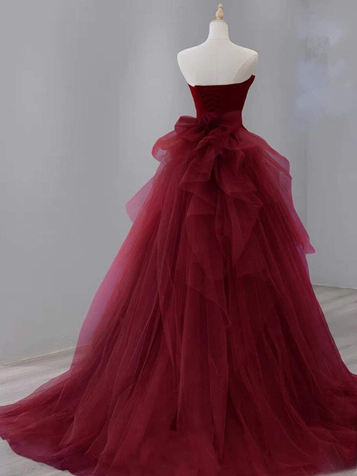 Wine Red Satin and Tulle Long Party Dress, Strapless Wine Red Formal Dress