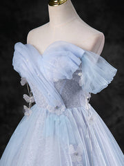 Light Blue A-line Off Shoulder Tulle and Lace Party Dress, Light Blue Prom Dress
