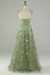 Green Lace A-line Straps Floor Length Party Dress, Green Tulle Prom Dress