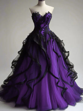Black and Purple Sweetheart Strapless Long Party Dress, Black and Purple Tulle Formal Dress
