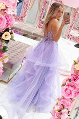 A-line Light Purple Sweetheart Tulle Layers Long Prom Dress, Light Purple Tulle Evening Dress