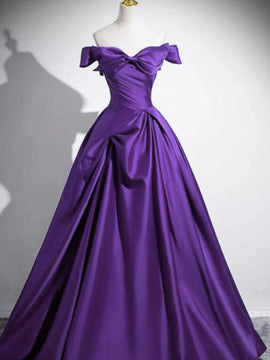 A-line Purple Satin Off Shoulder Floor Length Party Dress, Purple Satin Evening Dress Prom Dress