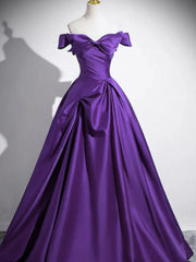 A-line Purple Satin Off Shoulder Floor Length Party Dress, Purple Satin Evening Dress Prom Dress