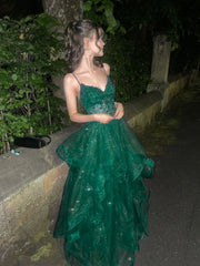 Green V-neckline Tulle with Lace Applique Layers Prom Dress, Green Tulle Long Evening Dress
