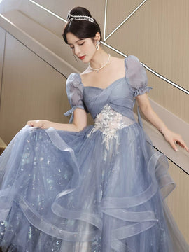 A-line Blue Tulle with Lace Applique Prom Dress, Blue Tulle Short Sleeves Long Formal Dress