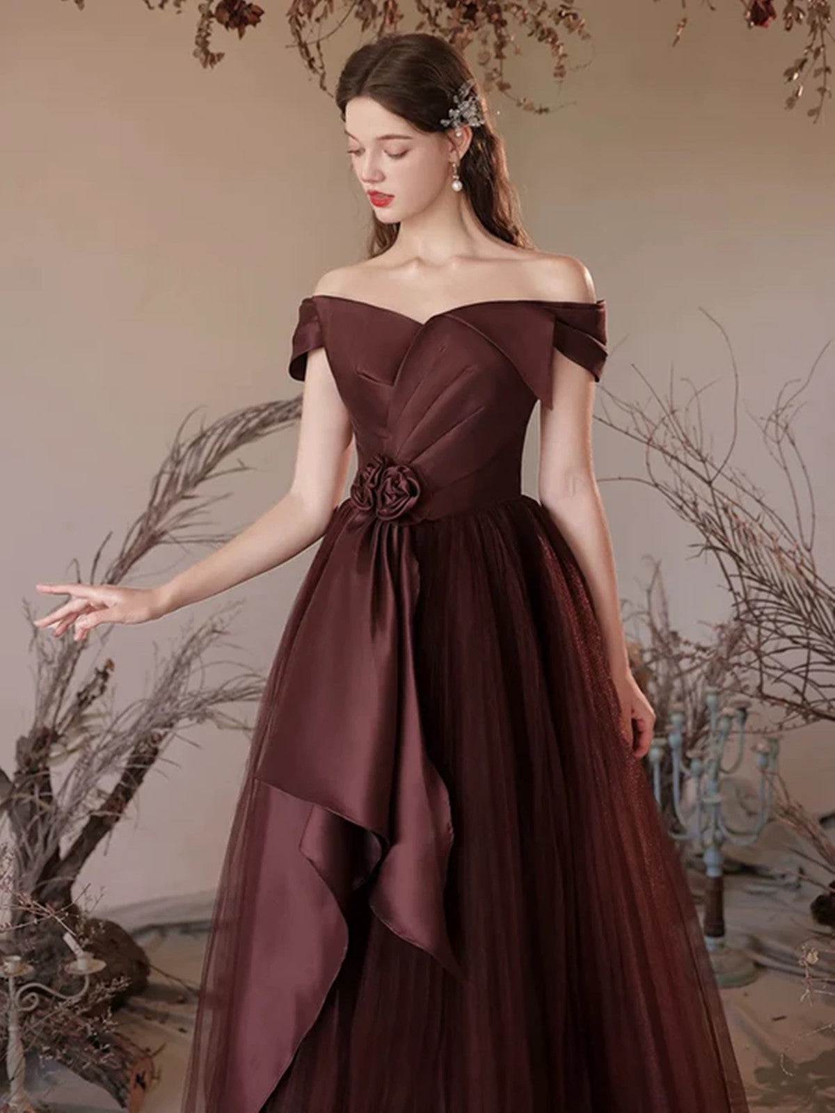 Brown Satin and Tulle Off Shoulder Long Formal Dress, A-line Simple Evening Dress Prom Dress