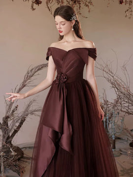 Brown Satin and Tulle Off Shoulder Long Formal Dress, A-line Simple Evening Dress Prom Dress