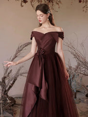Brown Satin and Tulle Off Shoulder Long Formal Dress, A-line Simple Evening Dress Prom Dress