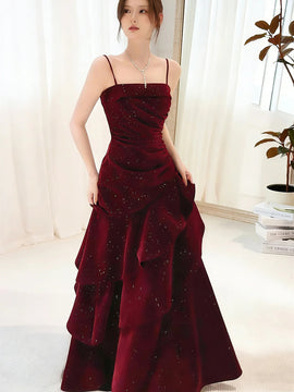 Wine Red Velvet Straps Layers Long Evening Dress, Wine Red Velvet Prom Dress