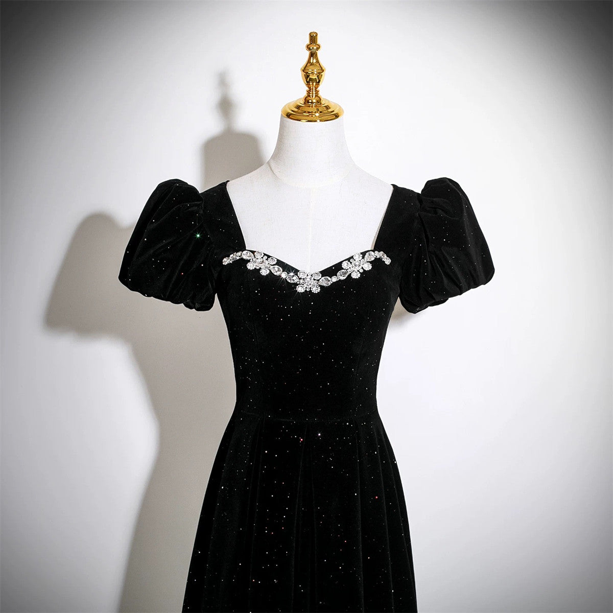 A-line Black Beaded Short Sleeves Velvet Prom Dress, Black Velvet Formal Dress Evening Dress