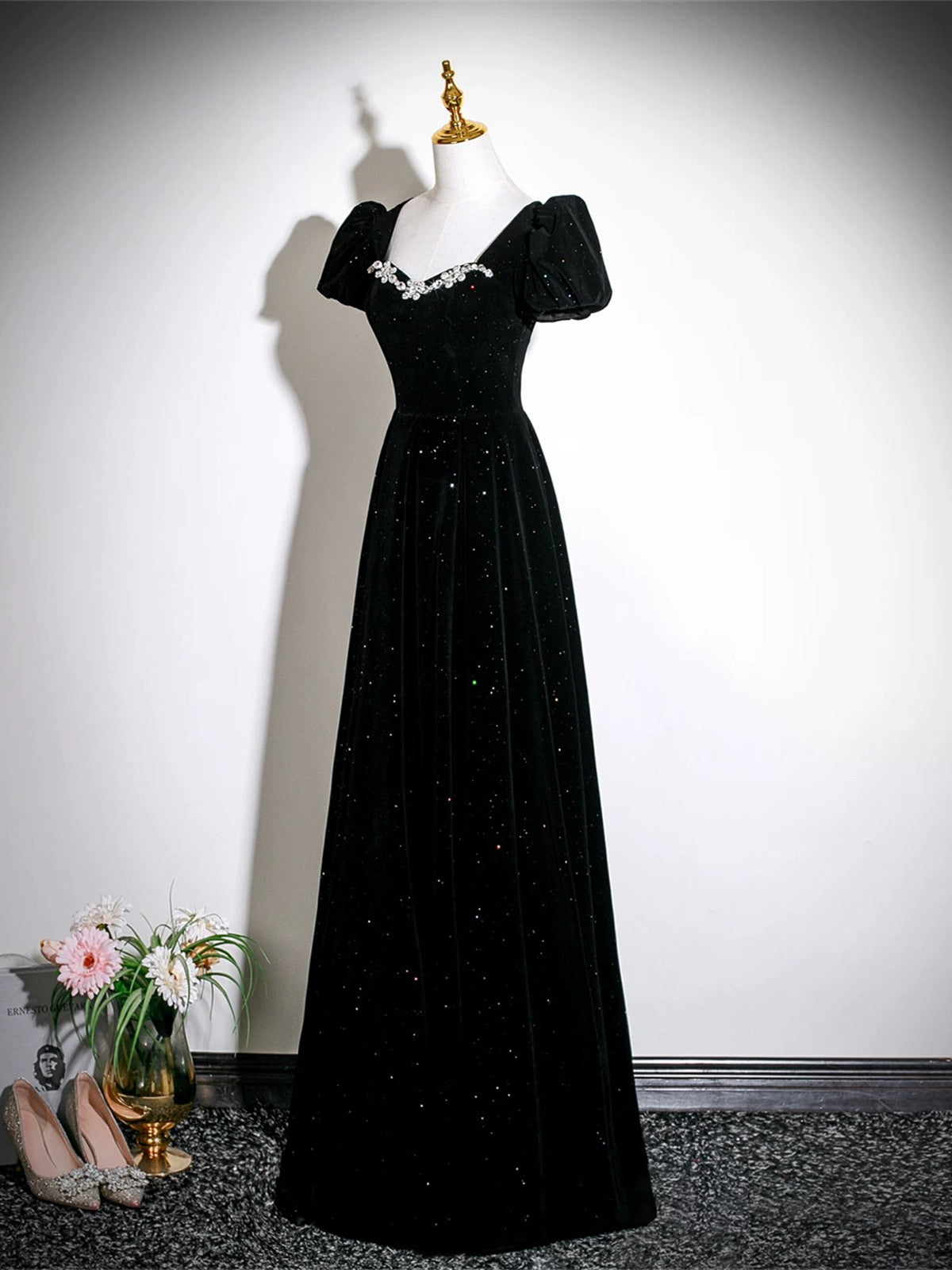 A-line Black Beaded Short Sleeves Velvet Prom Dress, Black Velvet Formal Dress Evening Dress