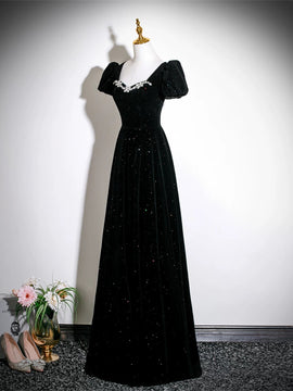 A-line Black Beaded Short Sleeves Velvet Prom Dress, Black Velvet Formal Dress Evening Dress