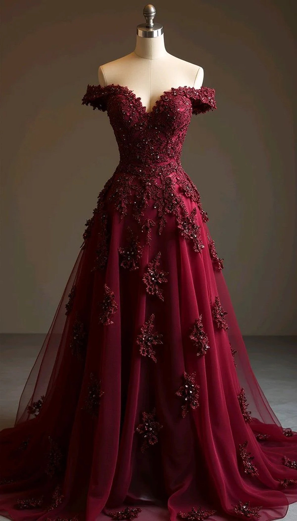 Wine Red A-line Long Prom Dress with Lace Applique, Off Shoulder Wine Red Party Dress