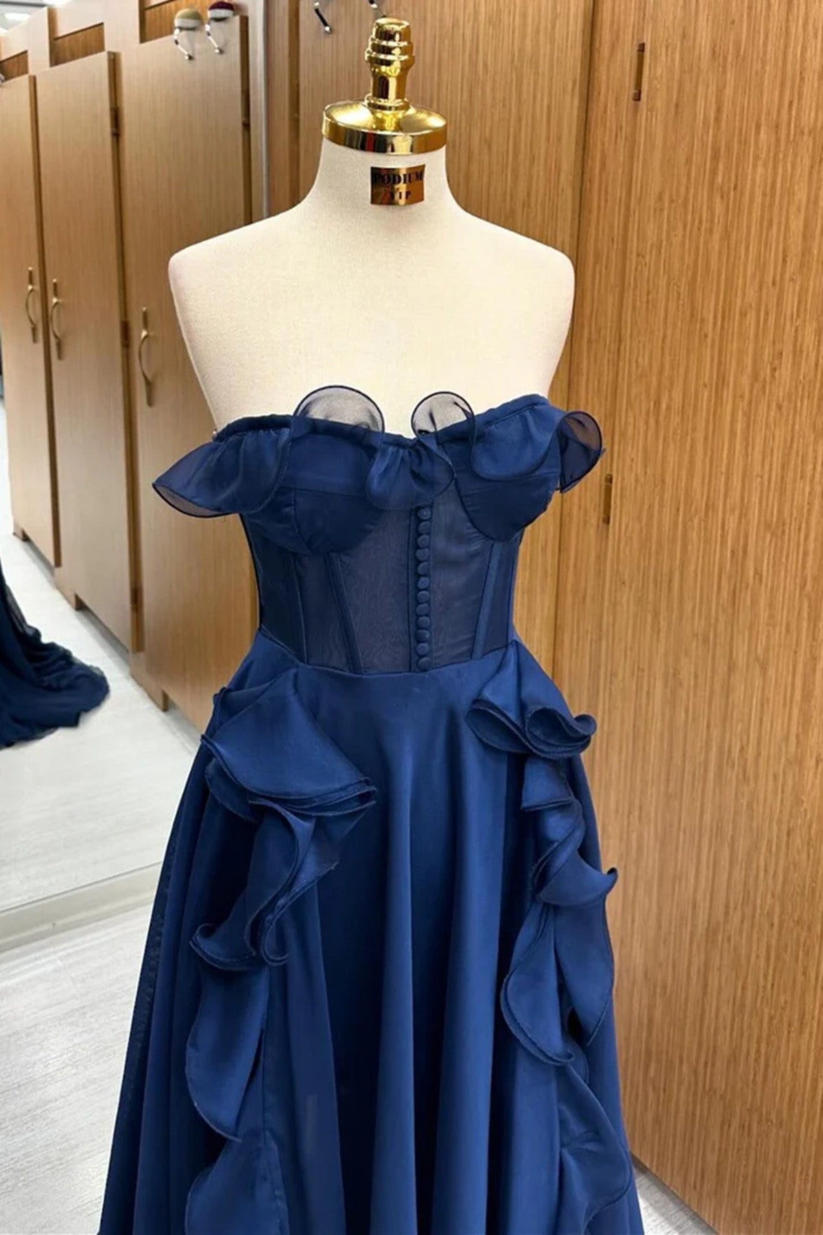 A-line Navy Blue Corset Ruffle Prom Dress, Navy Blue Long Evening Dress Party Dress