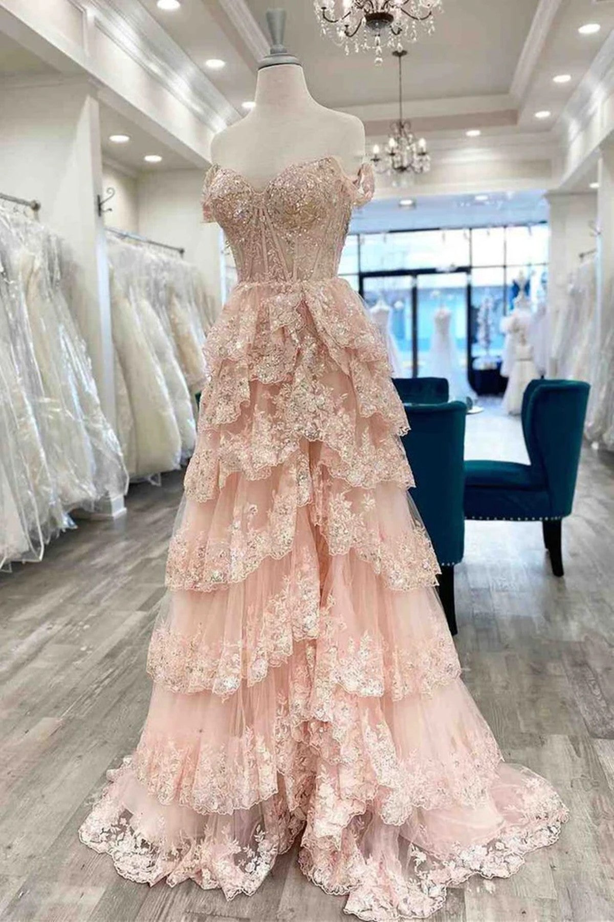 A-line Pink Off Shoulder Sweetheart Long Prom Dress, Pink Tulle Layers Formal Dress