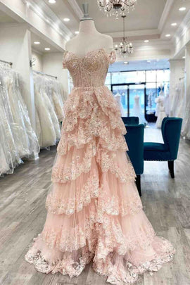 A-line Pink Off Shoulder Sweetheart Long Prom Dress, Pink Tulle Layers Formal Dress