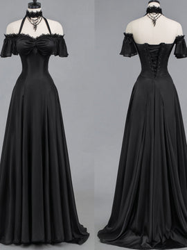 A-line Black Satin Sweetheart Halter Prom Dress, Black Simple Long Party Dress Formal Dress