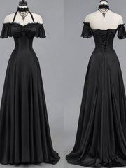 A-line Black Satin Sweetheart Halter Prom Dress, Black Simple Long Party Dress Formal Dress