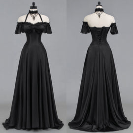 A-line Black Satin Sweetheart Halter Prom Dress, Black Simple Long Party Dress Formal Dress