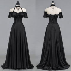 A-line Black Satin Sweetheart Halter Prom Dress, Black Simple Long Party Dress Formal Dress