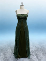 Green A-line Tulle Beaded Long Formal Dress, Green Straps Prom Dress Party Dress