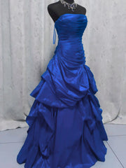 Chic Wine Red Strapless Taffeta Long Prom Gowns, Wine Red Ruffled Evening Dress