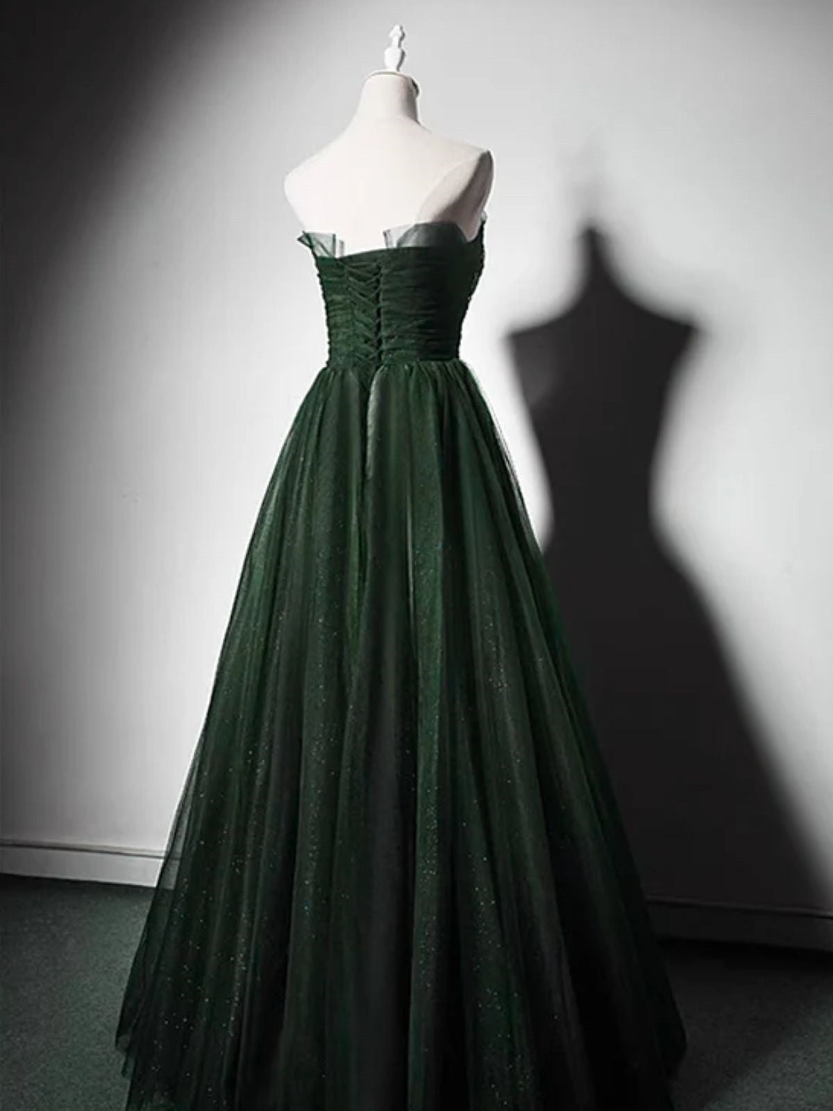 A-Line Green Tulle Strapless Long Prom Dress with Lace, Green Party Dress Evening Dress