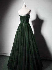 A-Line Green Tulle Strapless Long Prom Dress with Lace, Green Party Dress Evening Dress