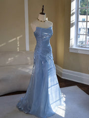 Vintage-Inspired Blue Strapless Prom Dress, Ruched Pleated Mermaid Evening Dress