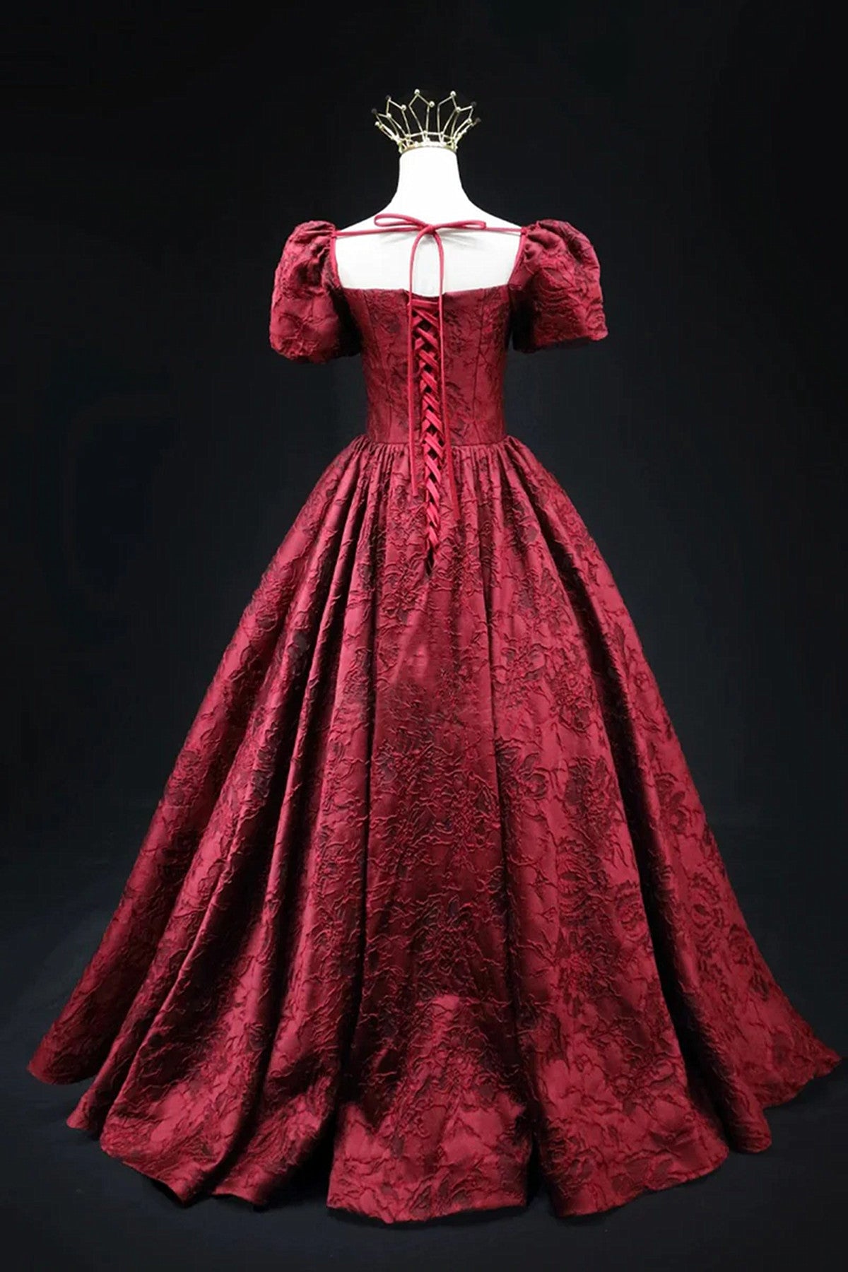 Vintage Square Neck Wine Red Prom Gown, Short Sleeves Evening Dress Party Dress