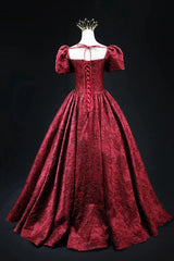 Vintage Square Neck Wine Red Prom Gown, Short Sleeves Evening Dress Party Dress