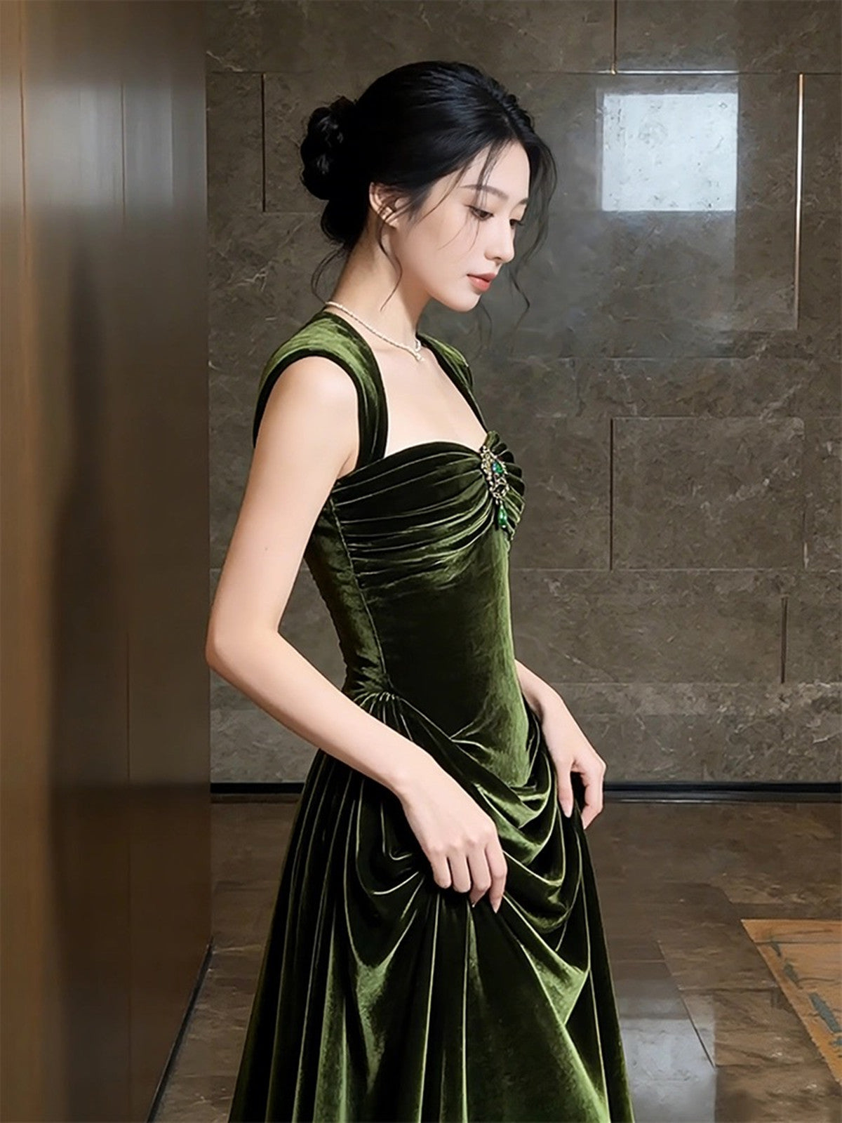 Green Velvet Sweetheart Long Prom Dress, Green Velvet Wedding Party Dress Formal Dress