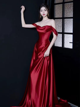 Elegant Off-Shoulder Wine Red Satin Prom Gown, Wine Red A-Line Formal Party Dress