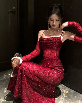 Wine Red Sequins Straps Long Prom Dress with Slit, Sequins Mermaid Party Dress