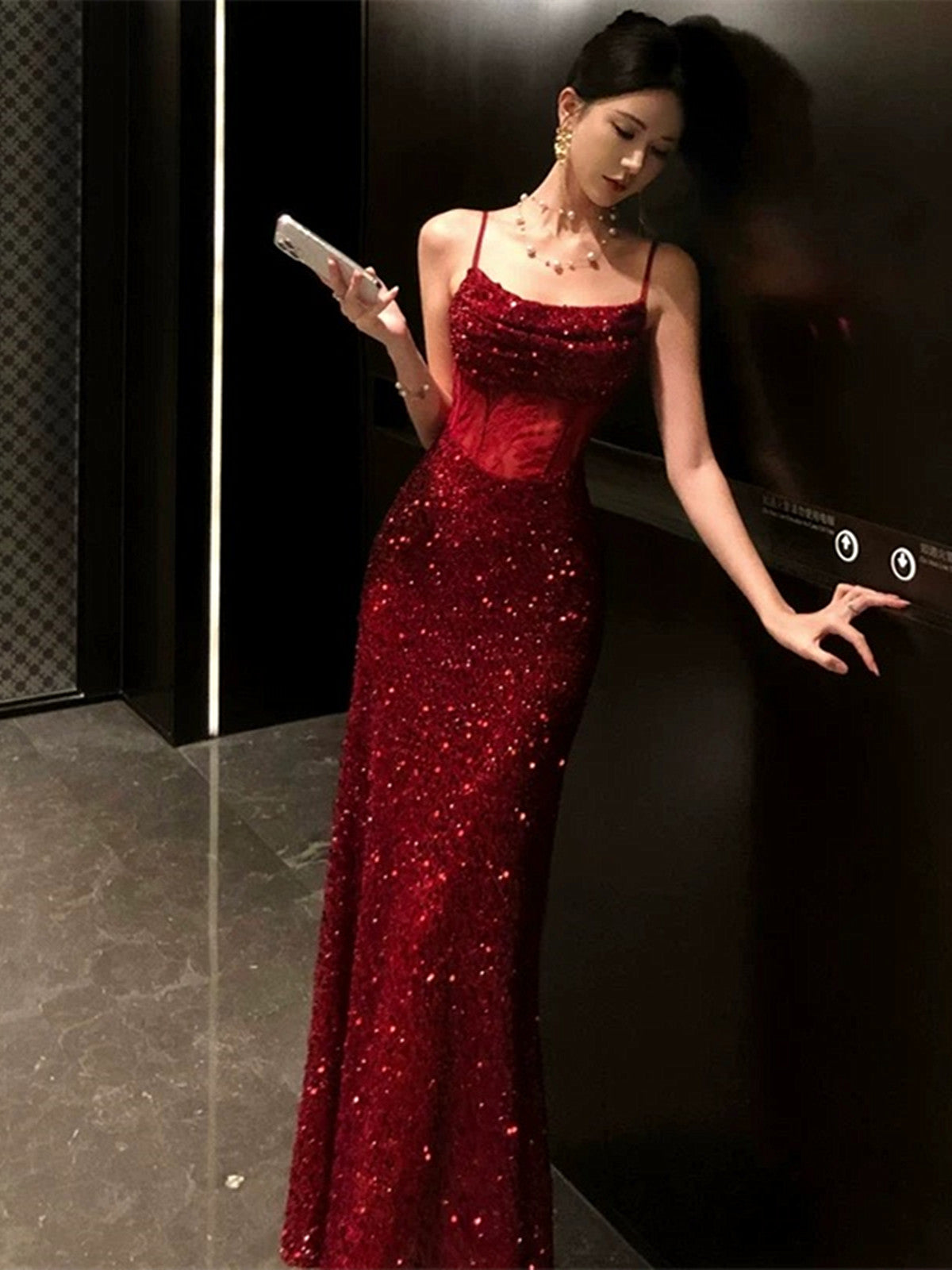 Wine Red Sequins Straps Long Prom Dress with Slit, Sequins Mermaid Party Dress