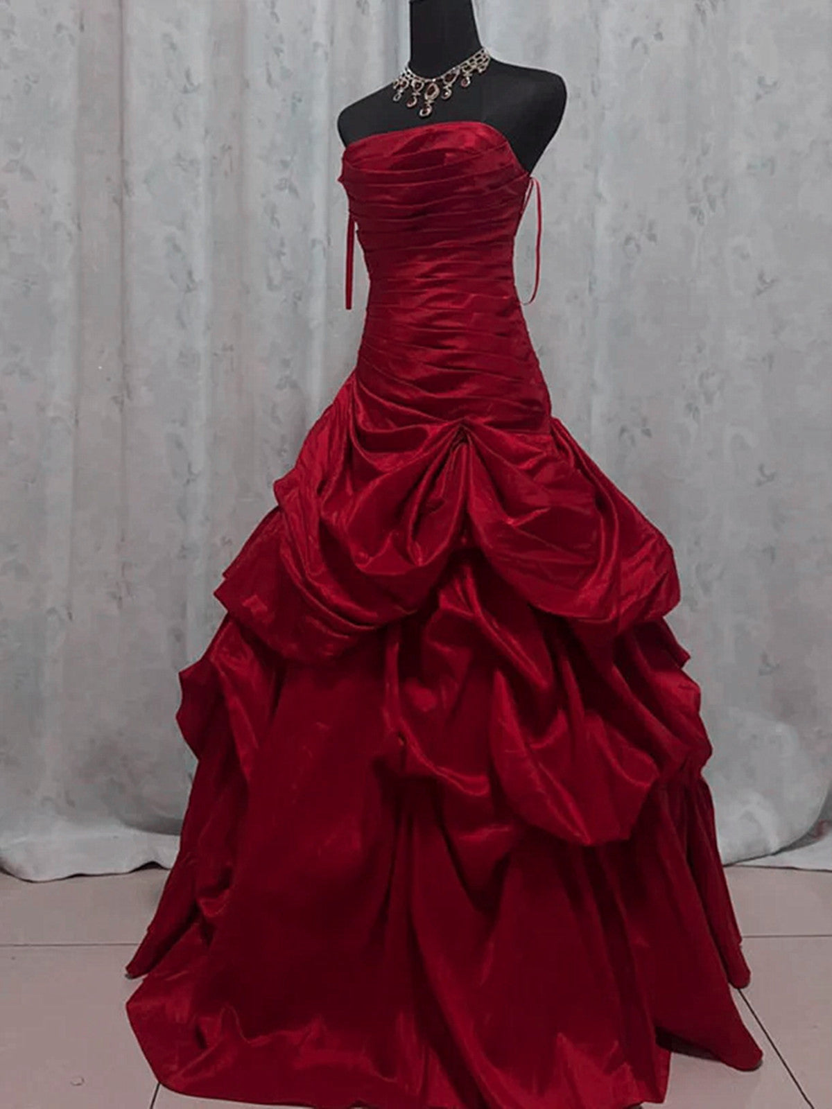 Chic Wine Red Strapless Taffeta Long Prom Gowns, Wine Red Ruffled Evening Dress