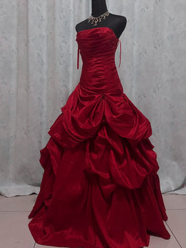 Chic Wine Red Strapless Taffeta Long Prom Gowns, Wine Red Ruffled Evening Dress