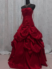 Chic Wine Red Strapless Taffeta Long Prom Gowns, Wine Red Ruffled Evening Dress