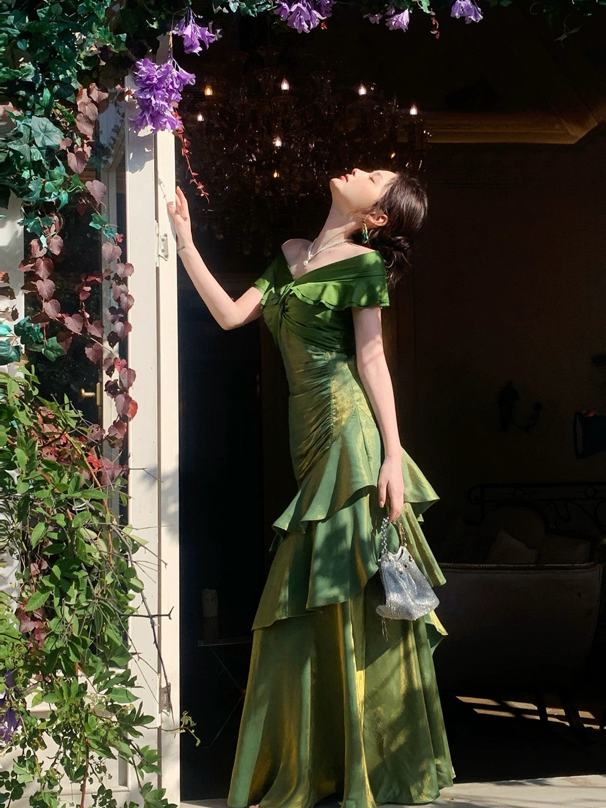 Green Mermaid Off Shoulder Layers Prom Dress, Green Satin Evening Dress Formal Dress