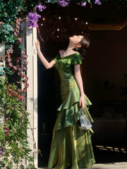 Green Mermaid Off Shoulder Layers Prom Dress, Green Satin Evening Dress Formal Dress