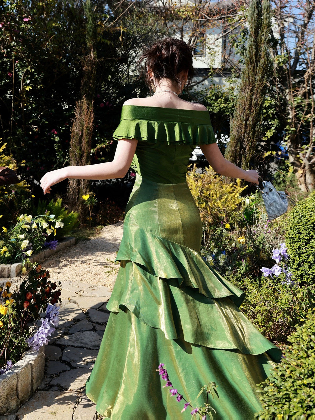 Green Mermaid Off Shoulder Layers Prom Dress, Green Satin Evening Dress Formal Dress