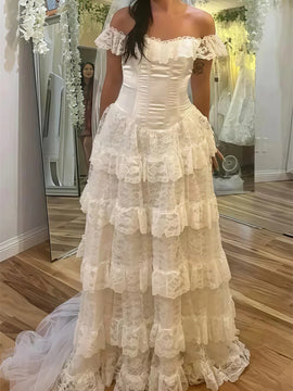Ivory Lace Off Shoulder Sweetheart Strapless Wedding Party Dress, A-line Ruffled Formal Gowns