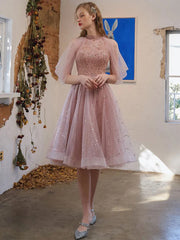 Pink Halter Shiny Tulle Knee Length Homecoming Dress, Pink Tulle Short Prom Dress