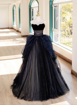 Navy Blue Sweetheart Beaded Tulle Long Evening Dress, Navy Blue Prom Dress